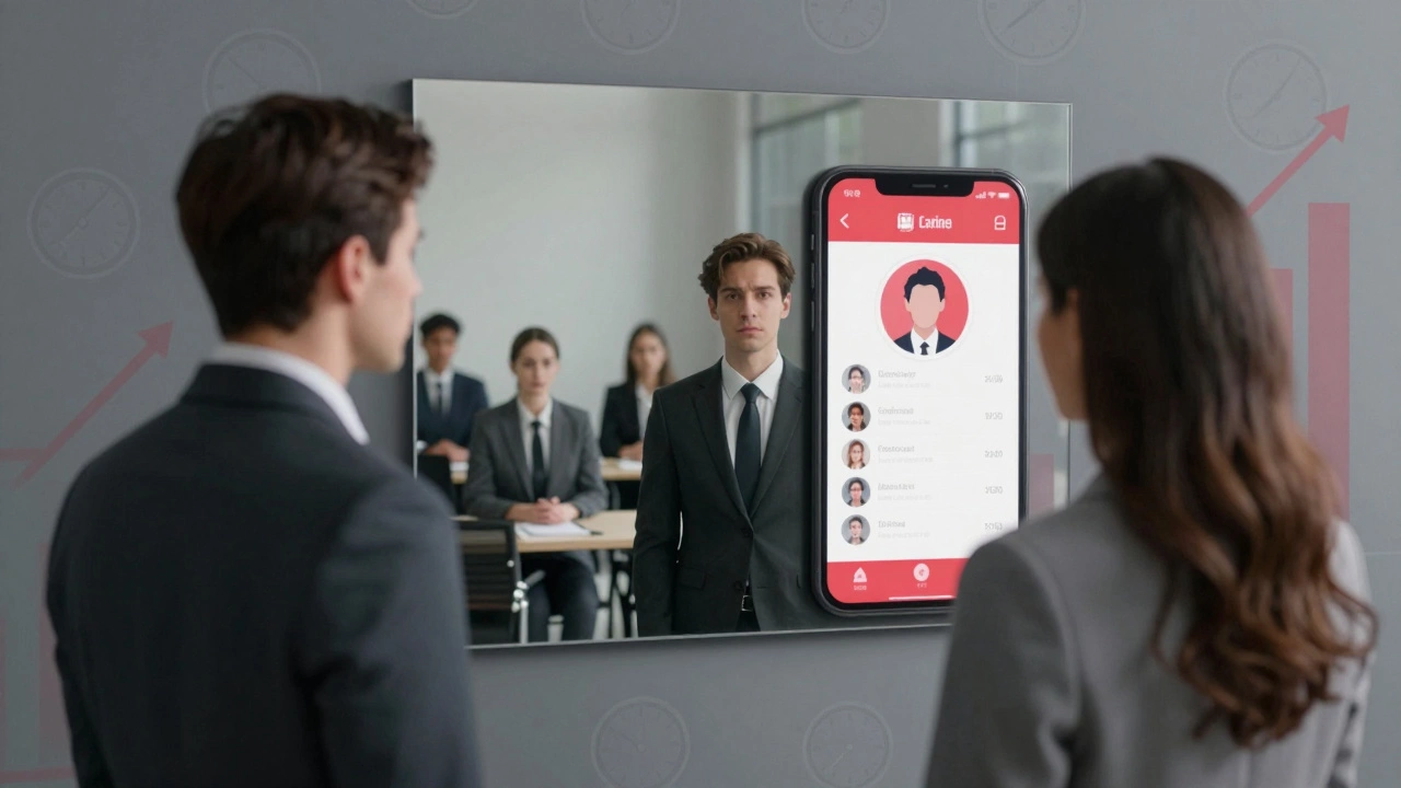 A man and woman facing fragmented societal pressures—corporate interviews, dating app filters, and financial stress.