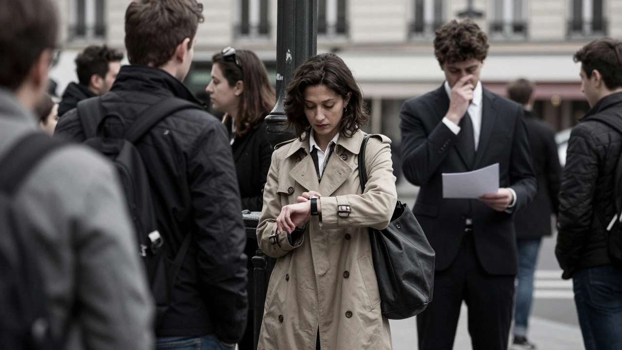 A woman stands alone on a Paris street corner, glancing at her watch as a figure hesitates nearby.
