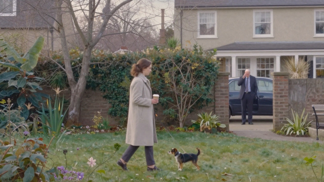 A woman walks a dog in a quiet garden at dawn, blending into a peaceful residential scene.