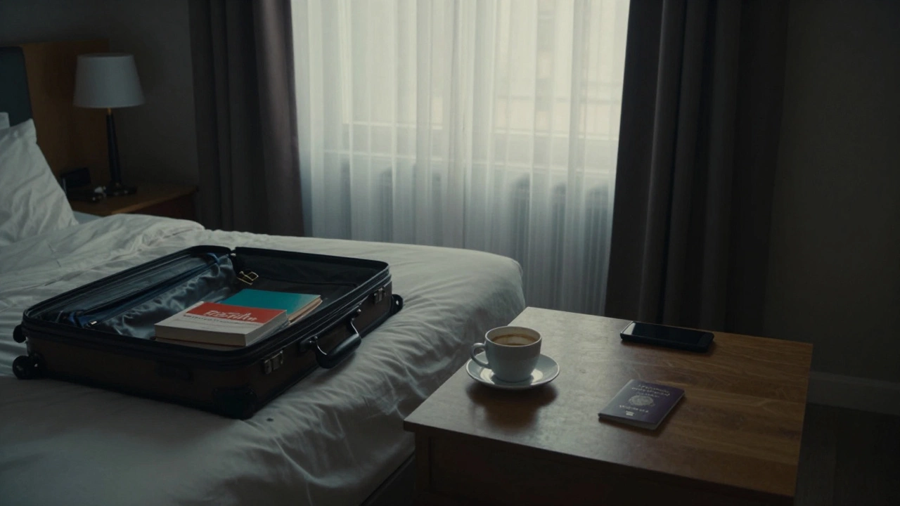 An unmade hotel bed in Paris with a coffee cup and open suitcase, morning light filtering through curtains.