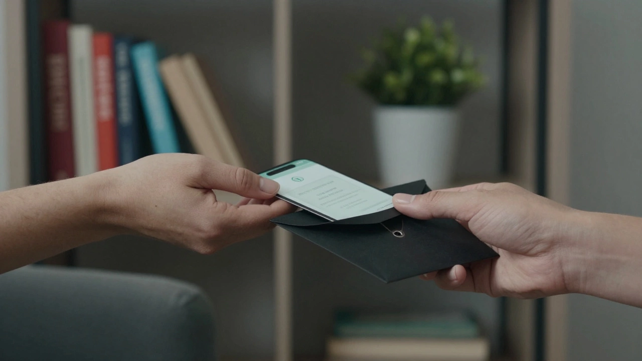 Two hands exchange a keycard and payment confirmation in a private, well-lit apartment.