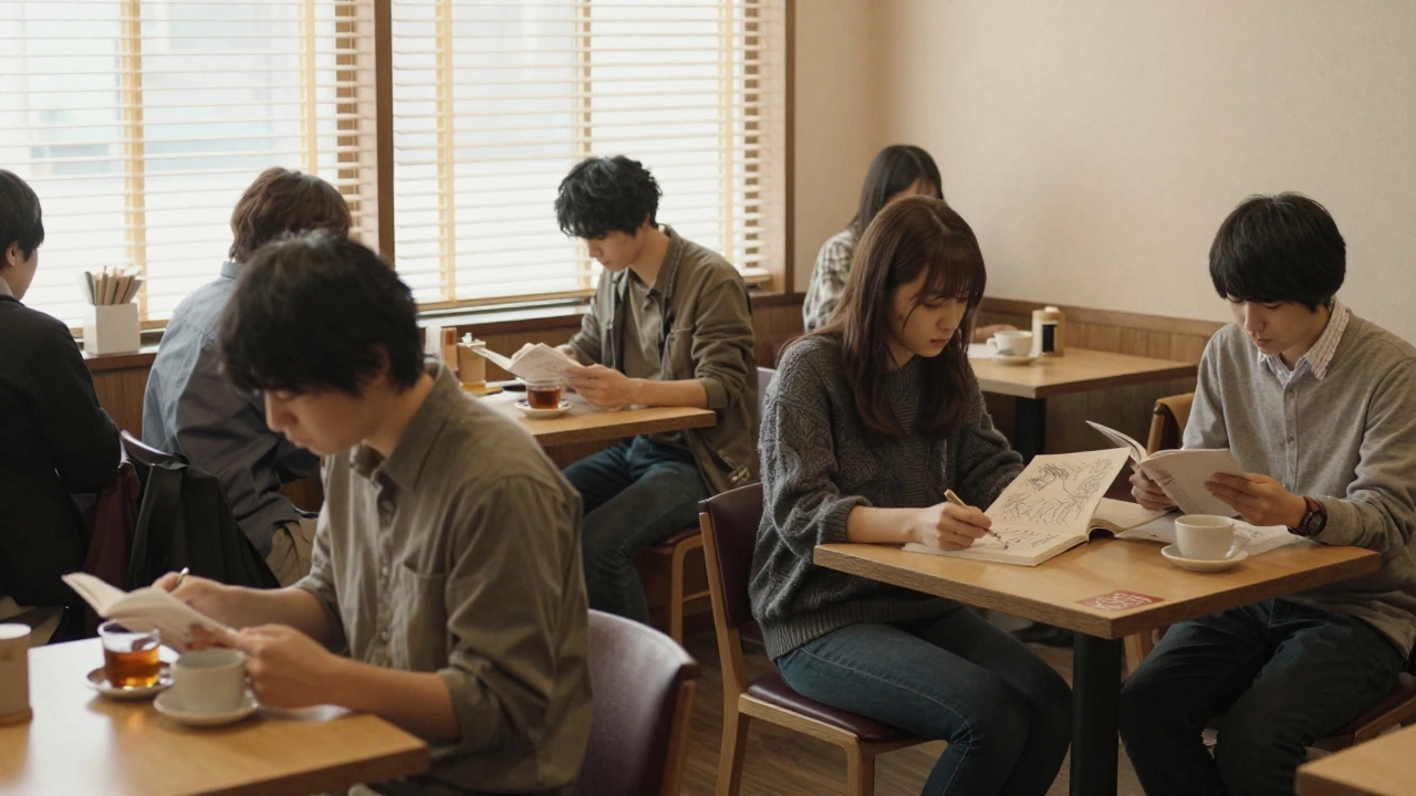 Young adults in a quiet café, each sitting separately, engaged in personal activities with no interaction.